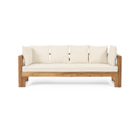Outdoor Daybed Sofa, 79 Inch, Brown Acacia Wood Frame, Cream Cushions -BM335327