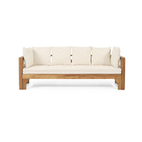 Outdoor Daybed Sofa, 79 Inch, Brown Acacia Wood Frame, Cream Cushions -BM335327