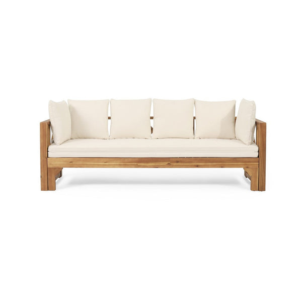 Outdoor Daybed Sofa, 79 Inch, Brown Acacia Wood Frame, Cream Cushions -BM335327