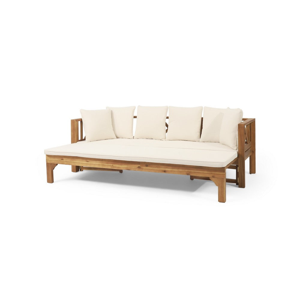 Outdoor Daybed Sofa, 79 Inch, Brown Acacia Wood Frame, Cream Cushions -BM335327