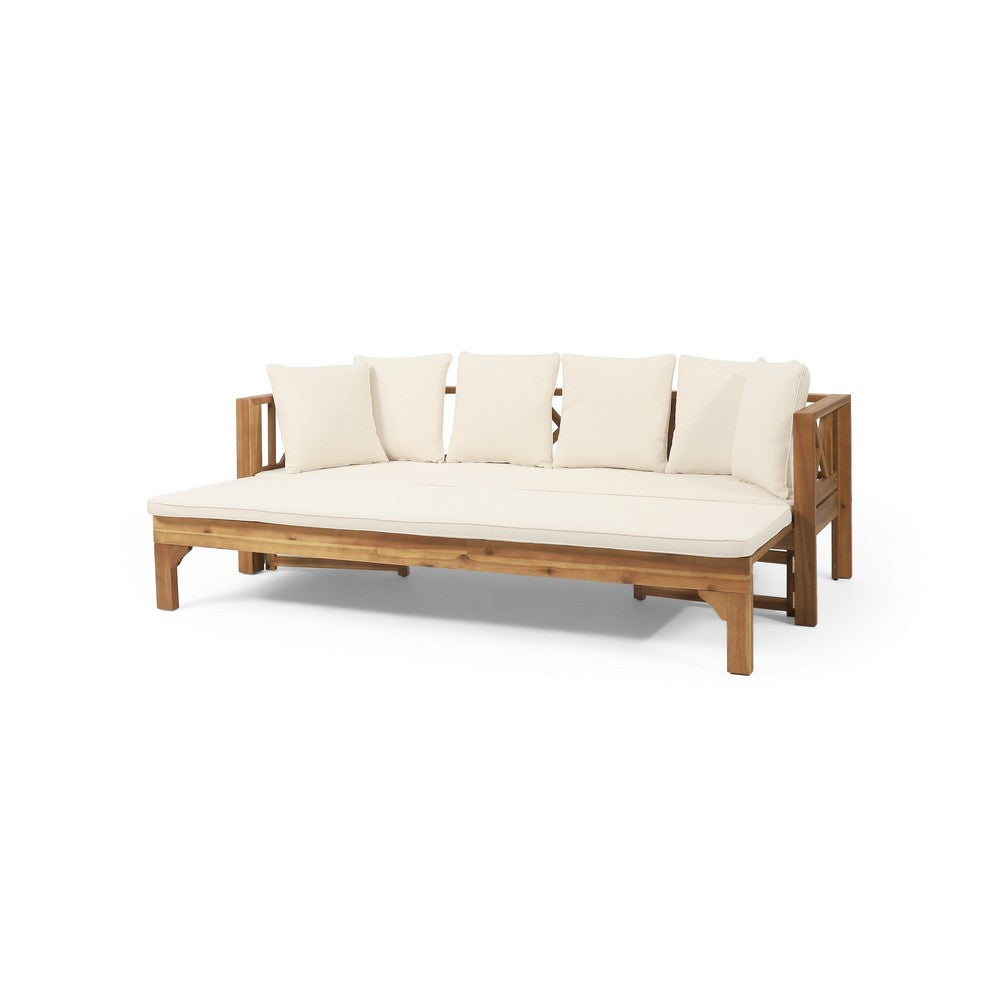 Outdoor Daybed Sofa, 79 Inch, Brown Acacia Wood Frame, Cream Cushions -BM335327