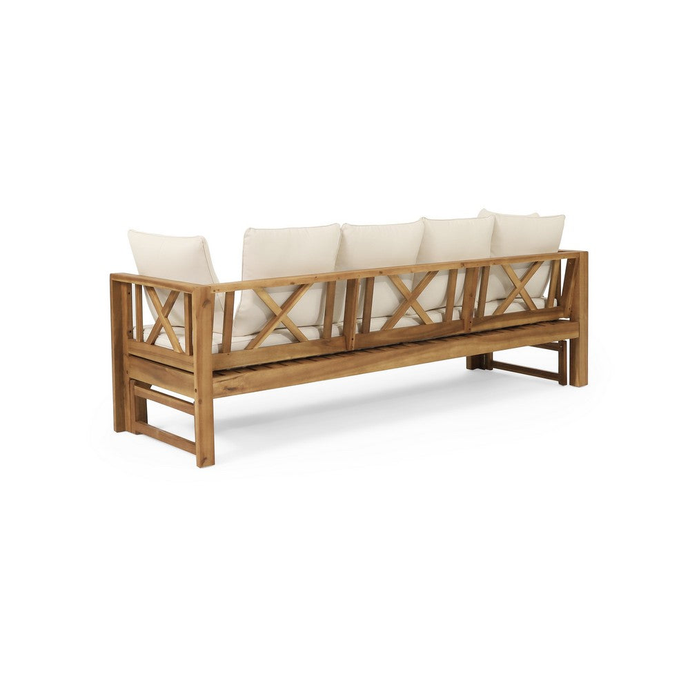 Outdoor Daybed Sofa, 79 Inch, Brown Acacia Wood Frame, Cream Cushions -BM335327