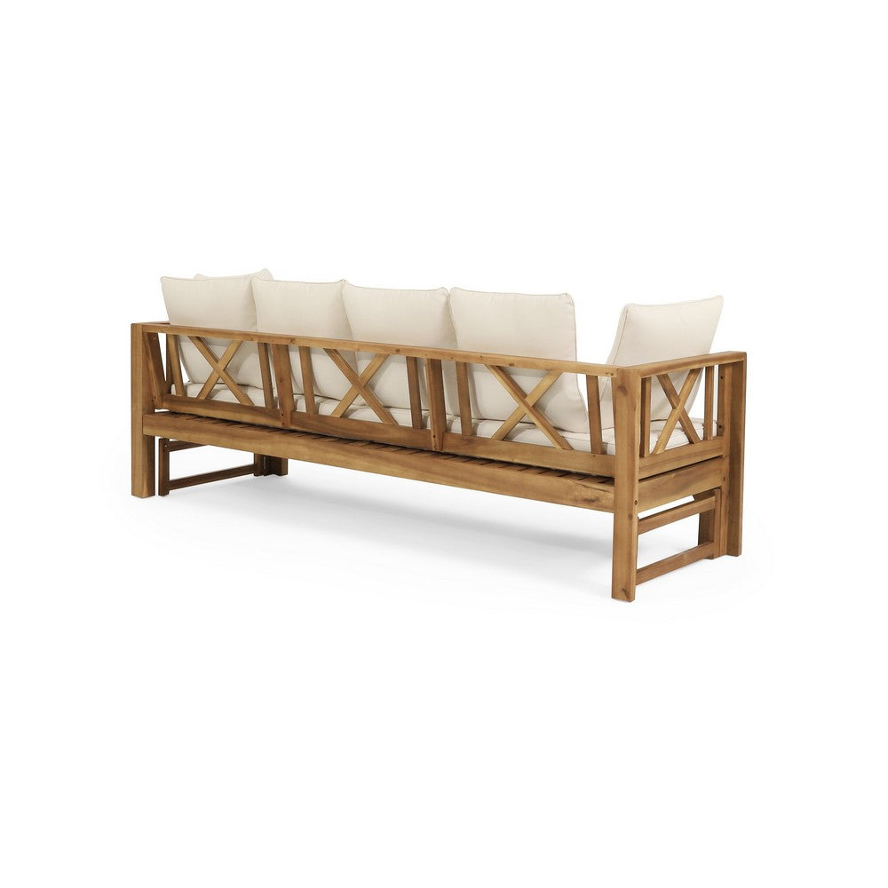 Outdoor Daybed Sofa, 79 Inch, Brown Acacia Wood Frame, Cream Cushions -BM335327