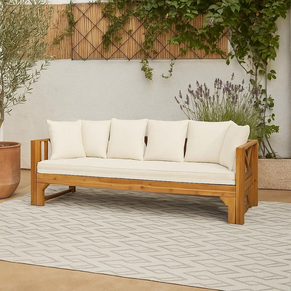Outdoor Daybed Sofa, 79 Inch, Brown Acacia Wood Frame, Cream Cushions -BM335327