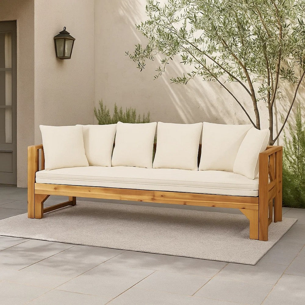 Outdoor Daybed Sofa, 79 Inch, Brown Acacia Wood Frame, Cream Cushions -BM335327