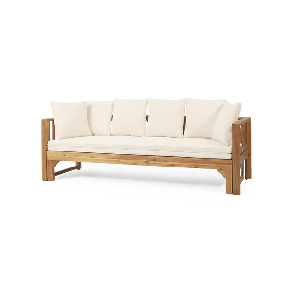 Outdoor Daybed Sofa, 79 Inch, Brown Acacia Wood Frame, Cream Cushions -BM335327
