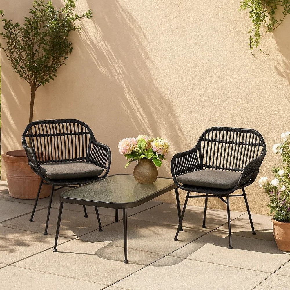 Tee Outdoor Conversation Chair Set of 2, Gray Rattan, Black Metal -BM335329