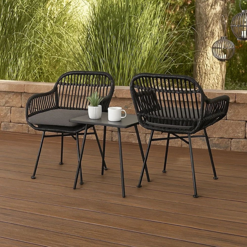Tee Outdoor Conversation Chair Set of 2, Gray Rattan, Black Metal -BM335329