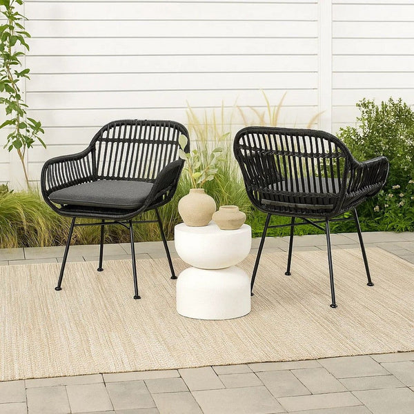 Tee Outdoor Conversation Chair Set of 2, Gray Rattan, Black Metal -BM335329
