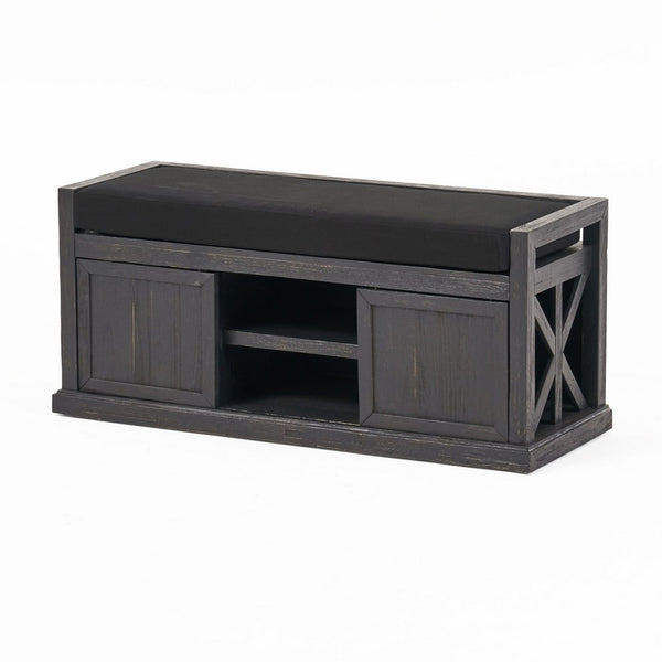 Shoe Bench with 2 Storage Shelves, 43 Inch Dark Gray Acacia Wood -BM335330