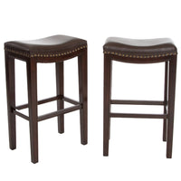 Bar Height Stool Set of 2, Backless Design, Brown Faux Leather Seat -BM335333