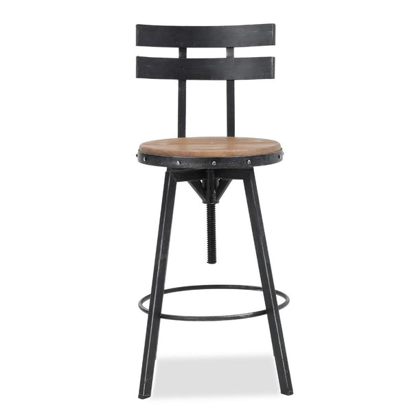 Swivel Barstool Chair, Adjustable 26-32 Inch Seat, Black Metal, Brown -BM335334