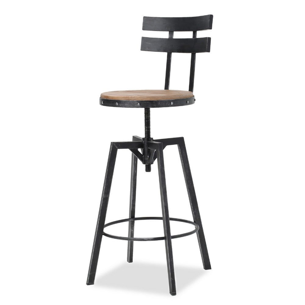 Swivel Barstool Chair, Adjustable 26-32 Inch Seat, Black Metal, Brown -BM335334