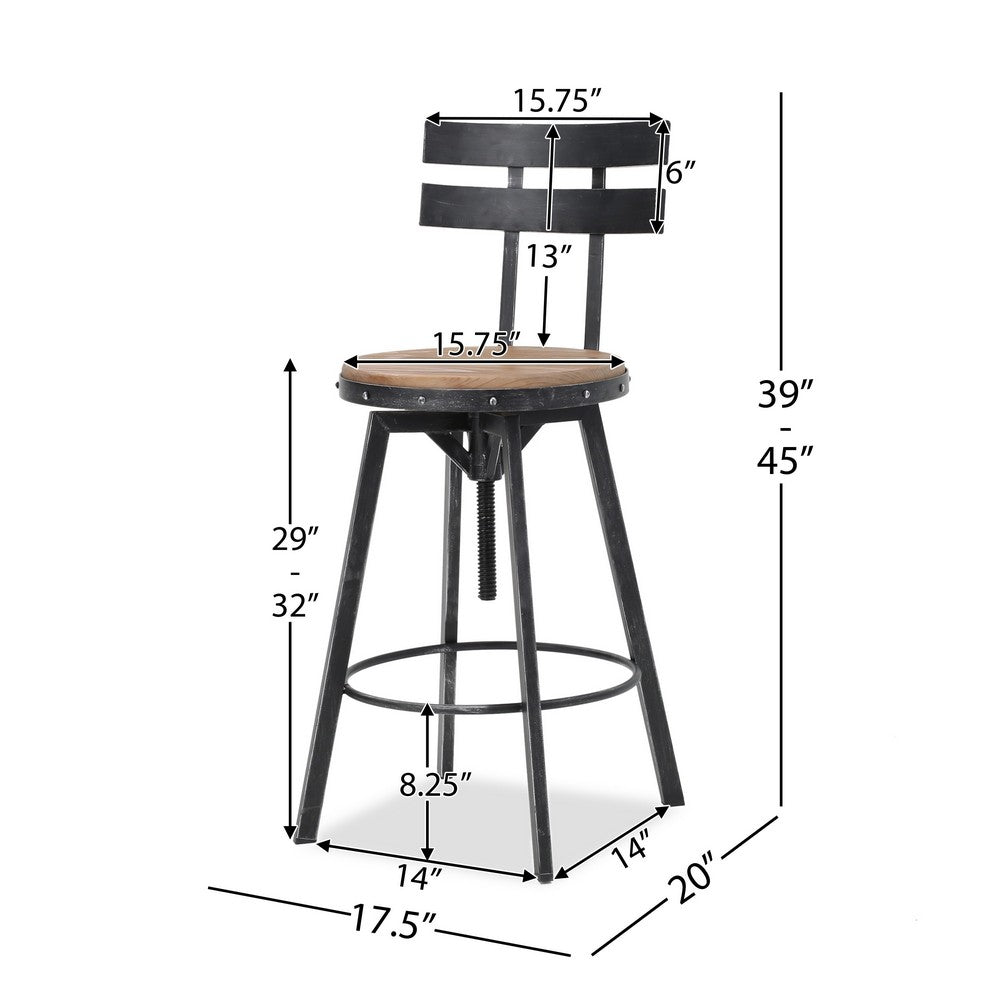 Swivel Barstool Chair, Adjustable 26-32 Inch Seat, Black Metal, Brown -BM335334