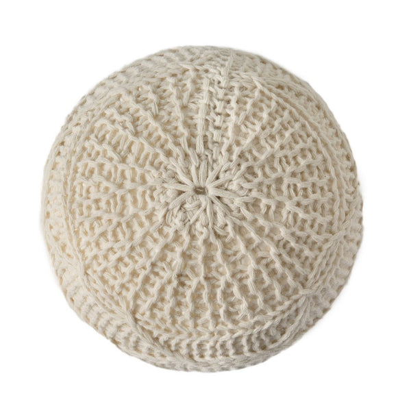 Accent Pouf Ottoman, Round Handcrafted Knit Weave, 20 Inch Cream Wool -BM335335