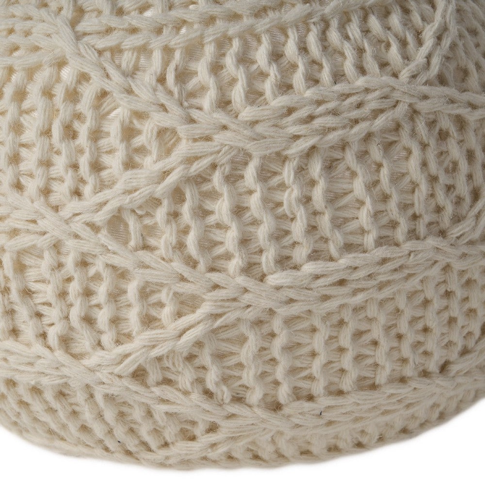Accent Pouf Ottoman, Round Handcrafted Knit Weave, 20 Inch Cream Wool -BM335335