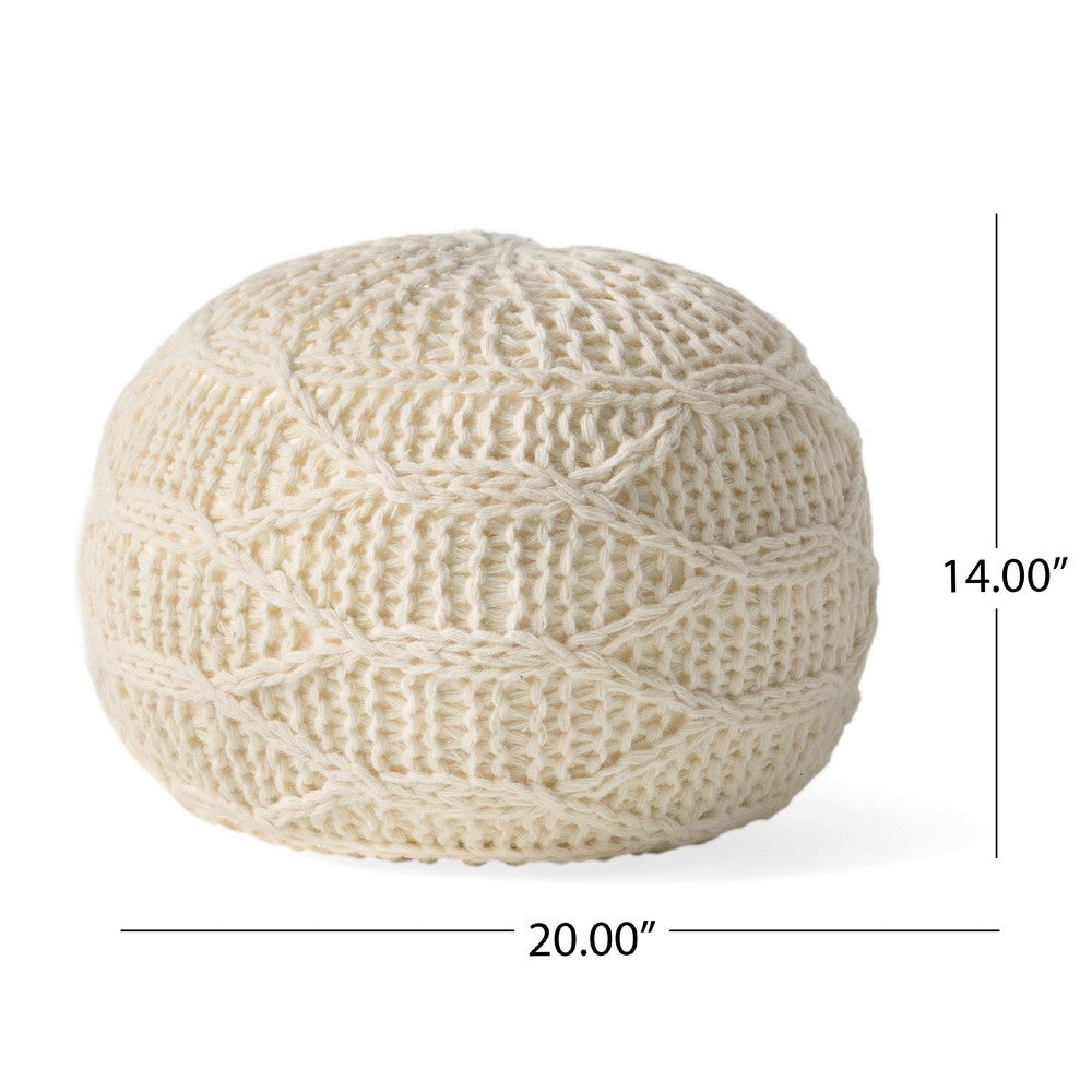 Accent Pouf Ottoman, Round Handcrafted Knit Weave, 20 Inch Cream Wool -BM335335