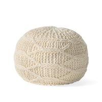 Accent Pouf Ottoman, Round Handcrafted Knit Weave, 20 Inch Cream Wool -BM335335