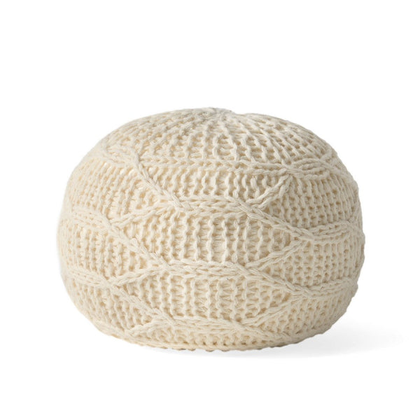 Accent Pouf Ottoman, Round Handcrafted Knit Weave, 20 Inch Cream Wool -BM335335