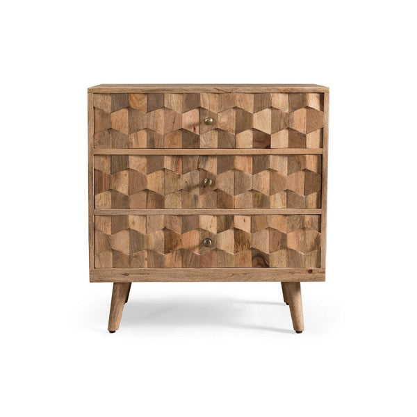 Oversize Nightstand Dresser, 3 Drawers, 3D Design Brown Mango Wood  -BM335340
