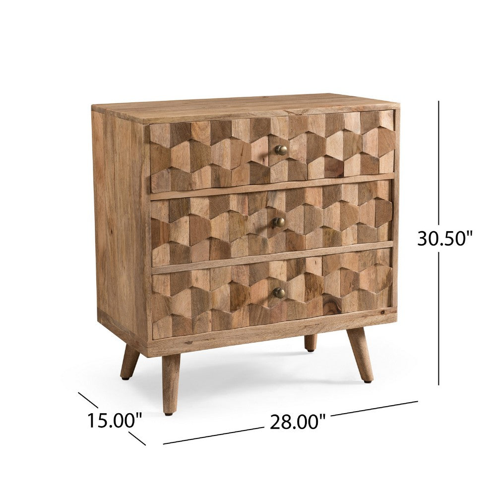 Oversize Nightstand Dresser, 3 Drawers, 3D Design Brown Mango Wood  -BM335340
