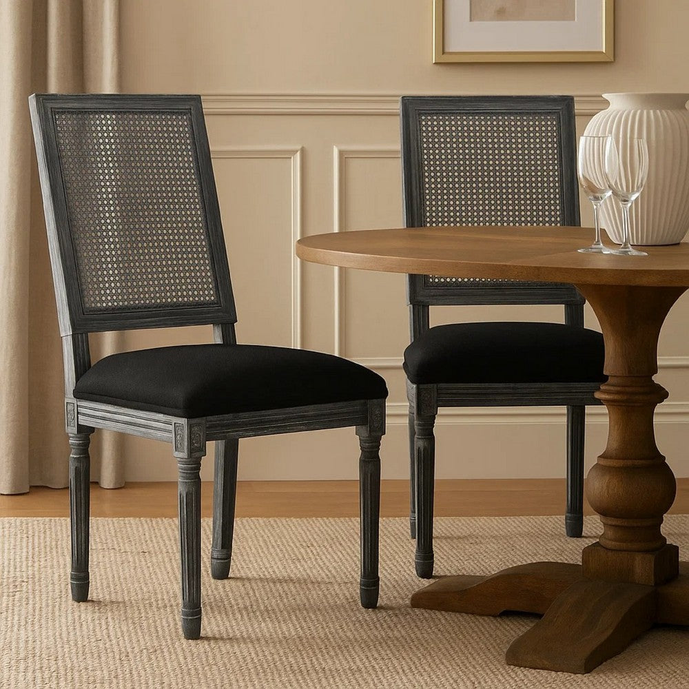 Marsie Dining Chair Set of 2, Black Fabric, Wood Frame Cane Backrest -BM335343