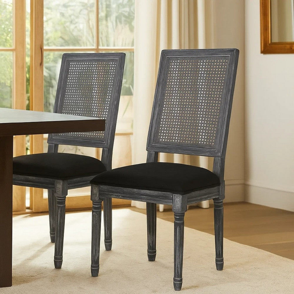 Marsie Dining Chair Set of 2, Black Fabric, Wood Frame Cane Backrest -BM335343