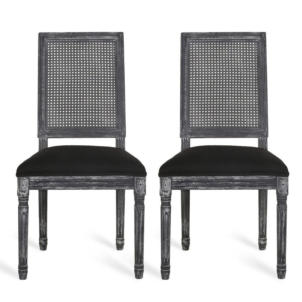 Marsie Dining Chair Set of 2, Black Fabric, Wood Frame Cane Backrest -BM335343
