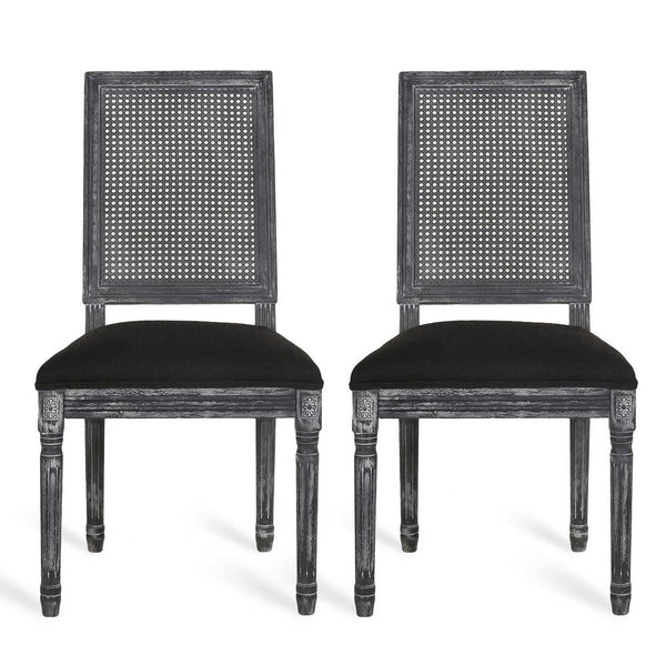 Marsie Dining Chair Set of 2, Black Fabric, Wood Frame Cane Backrest -BM335343