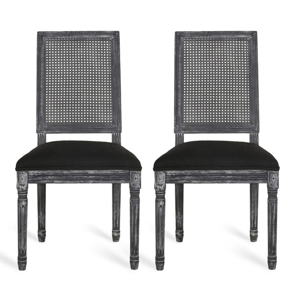 Marsie Dining Chair Set of 2, Black Fabric, Wood Frame Cane Backrest -BM335343
