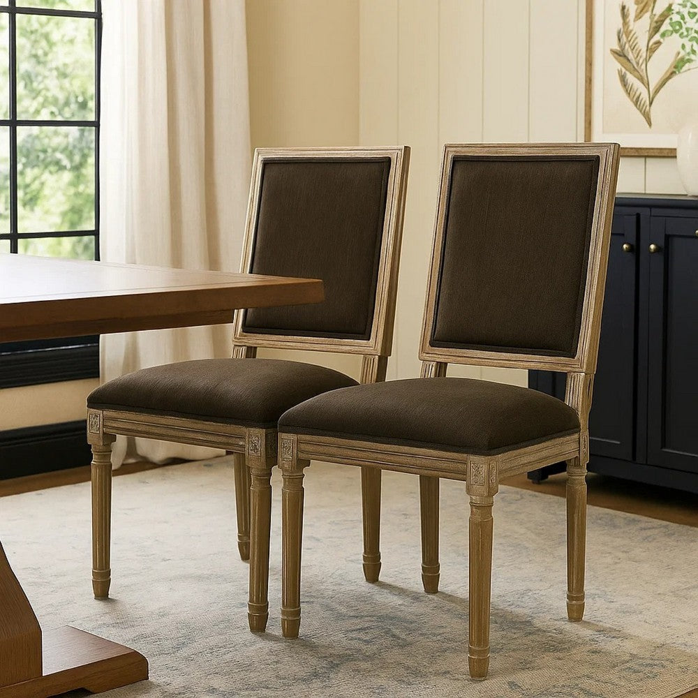 Kevin Dining Chair Set of 2, Brown Fabric Padded Seat, Natural Wood -BM335345