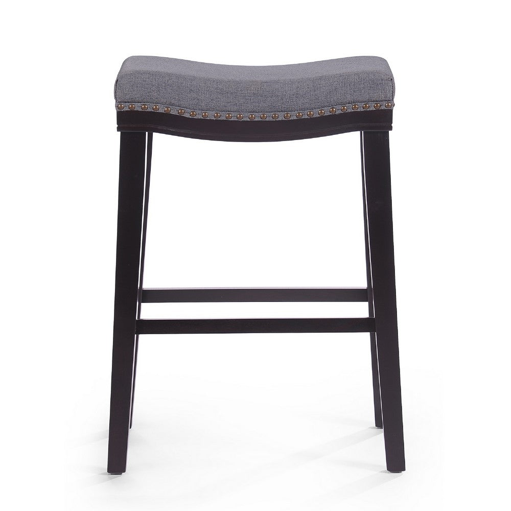 Bar Height Stool with Saddle Seat, Charcoal Gray, Dark Brown Wood -BM335346