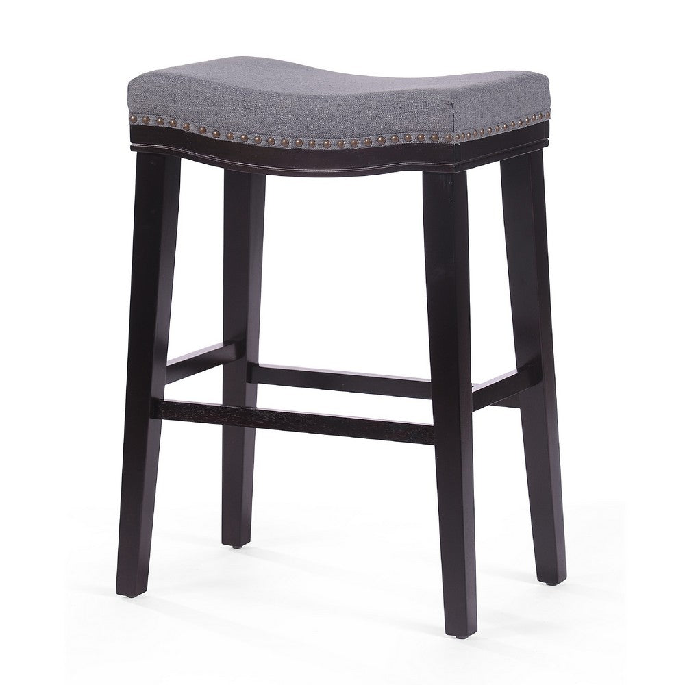 Bar Height Stool with Saddle Seat, Charcoal Gray, Dark Brown Wood -BM335346