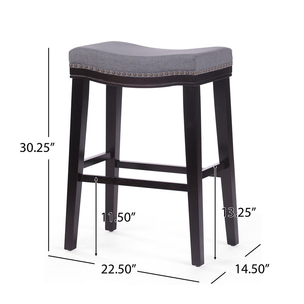 Bar Height Stool with Saddle Seat, Charcoal Gray, Dark Brown Wood -BM335346