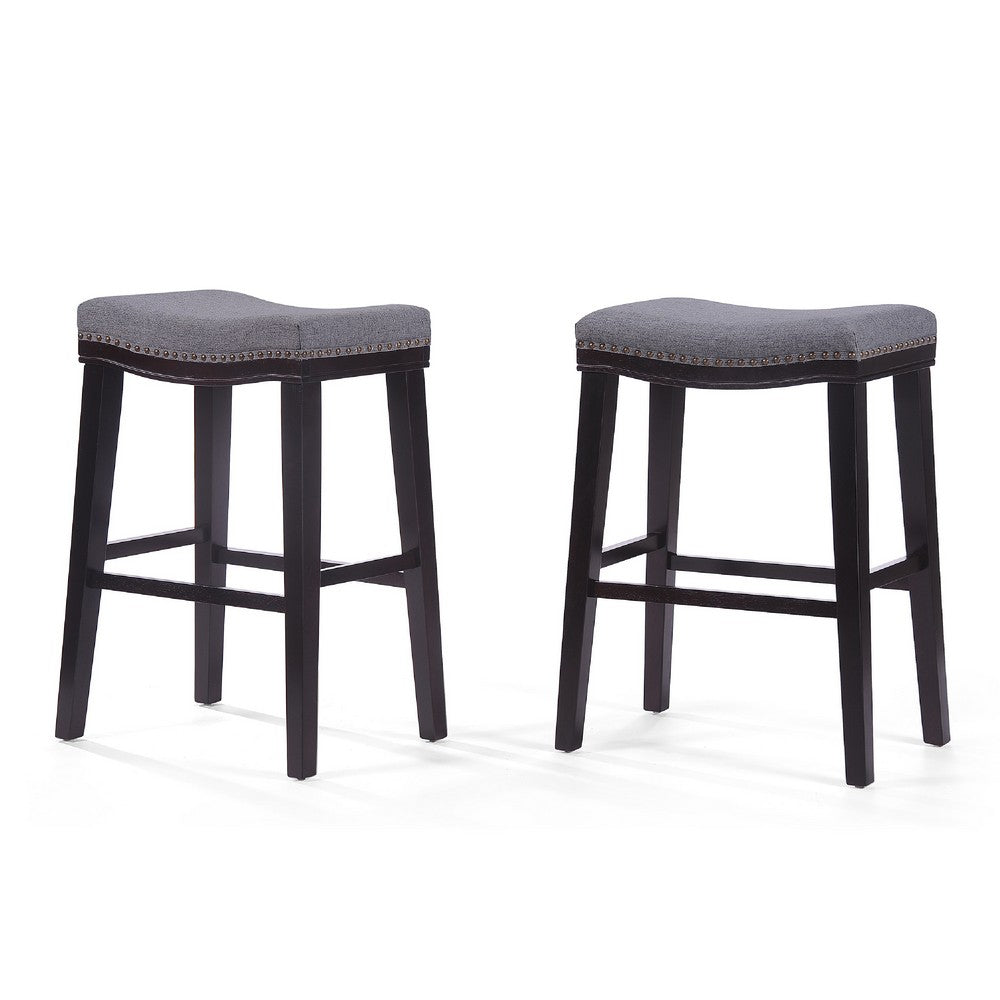 Bar Height Stool with Saddle Seat, Charcoal Gray, Dark Brown Wood -BM335346
