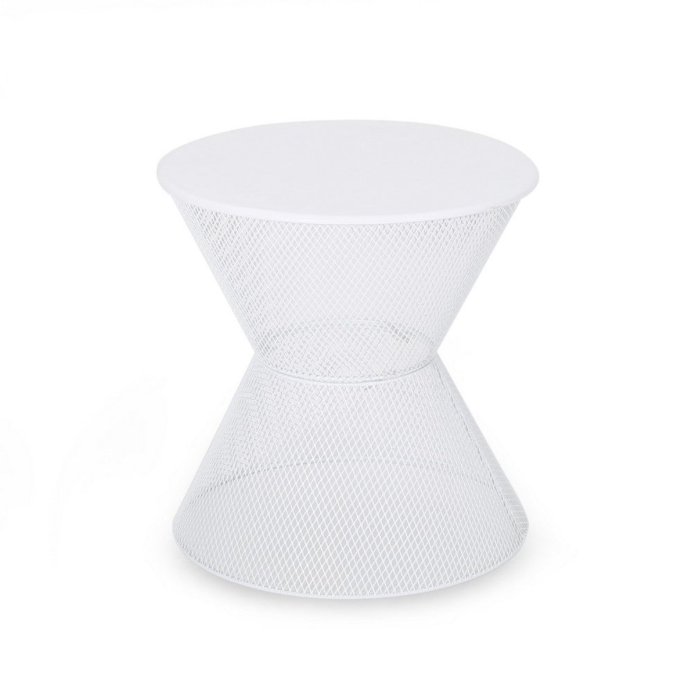 Nian Outdoor Side Table, Matte White Iron, Hourglass Shape, 18 Inch -BM335347