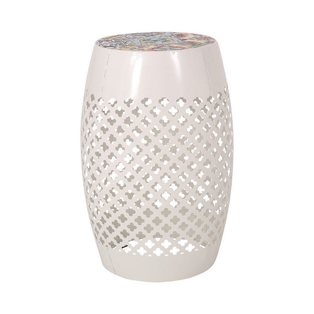 Rosie Outdoor Side Table, White Iron, Lace Cut Drum Structure, 12 Inch -BM335354
