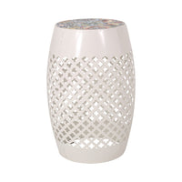 Rosie Outdoor Side Table, White Iron, Lace Cut Drum Structure, 12 Inch -BM335354