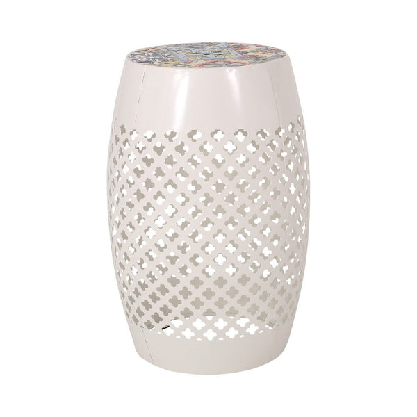 Rosie Outdoor Side Table, White Iron, Lace Cut Drum Structure, 12 Inch -BM335354