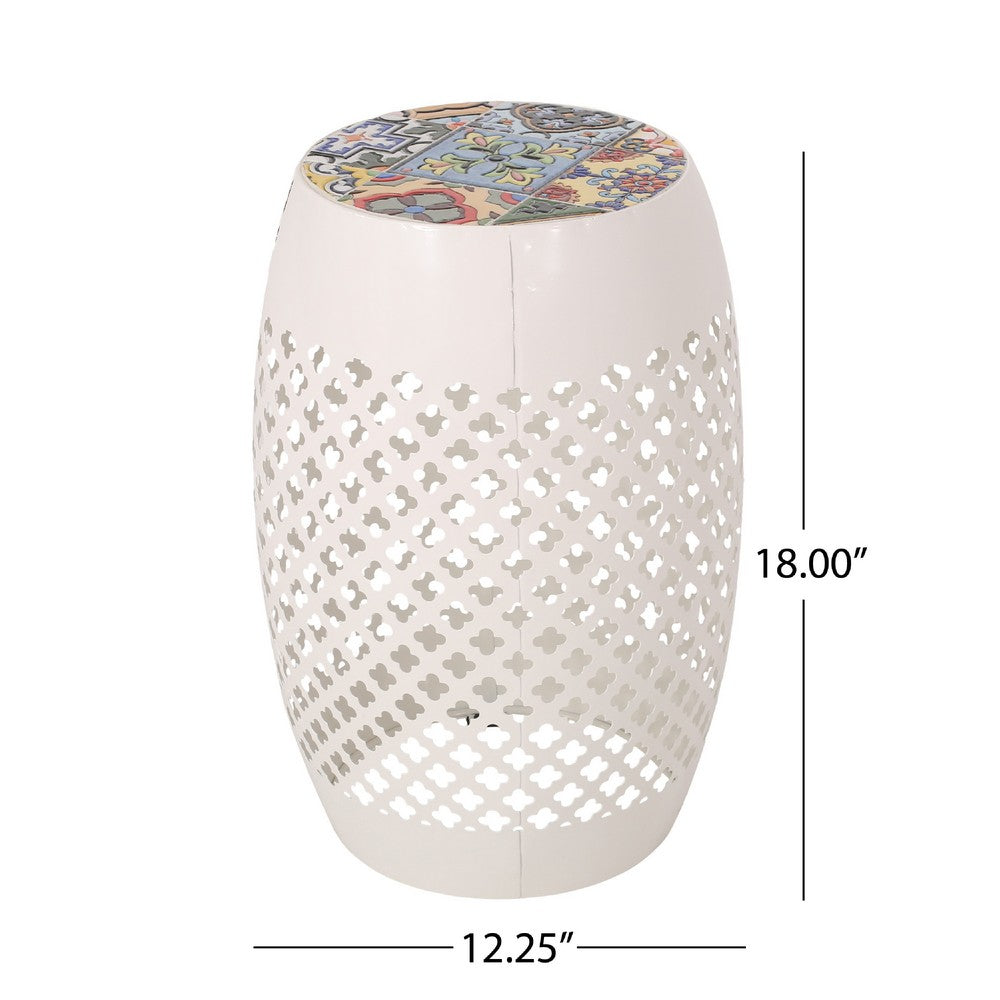 Rosie Outdoor Side Table, White Iron, Lace Cut Drum Structure, 12 Inch -BM335354