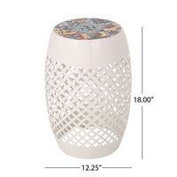Rosie Outdoor Side Table, White Iron, Lace Cut Drum Structure, 12 Inch -BM335354