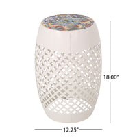 Rosie Outdoor Side Table, White Iron, Lace Cut Drum Structure, 12 Inch -BM335354