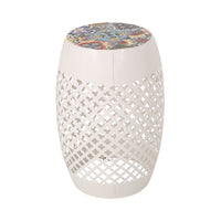 Rosie Outdoor Side Table, White Iron, Lace Cut Drum Structure, 12 Inch -BM335354