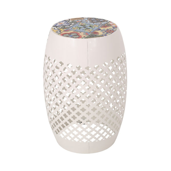 Rosie Outdoor Side Table, White Iron, Lace Cut Drum Structure, 12 Inch -BM335354