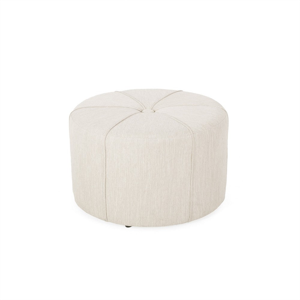 Ottoman, Button Tufted Beige Fabric, Plush Round Shape 28 Inch -BM335359