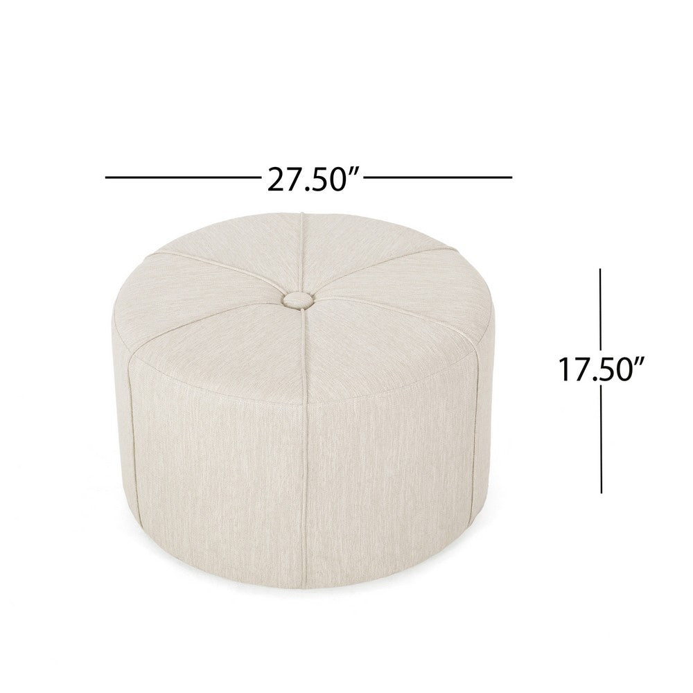 Ottoman, Button Tufted Beige Fabric, Plush Round Shape 28 Inch -BM335359