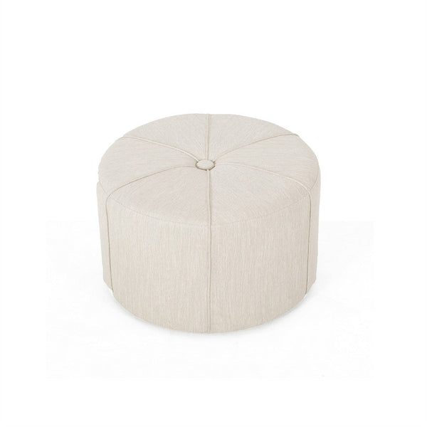 Ottoman, Button Tufted Beige Fabric, Plush Round Shape 28 Inch -BM335359