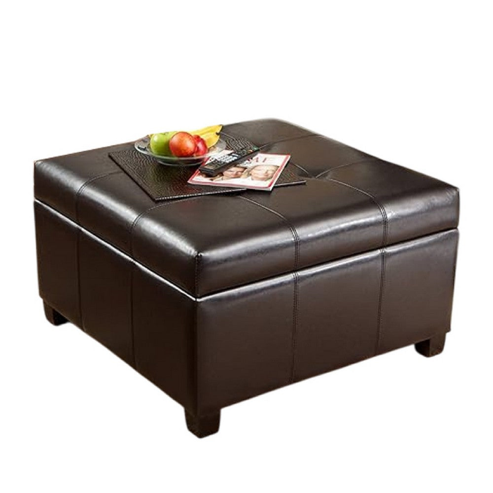 Oreo Storage Ottoman, Tufted Dark Brown Faux Leather, 31 Inch Square -BM335360