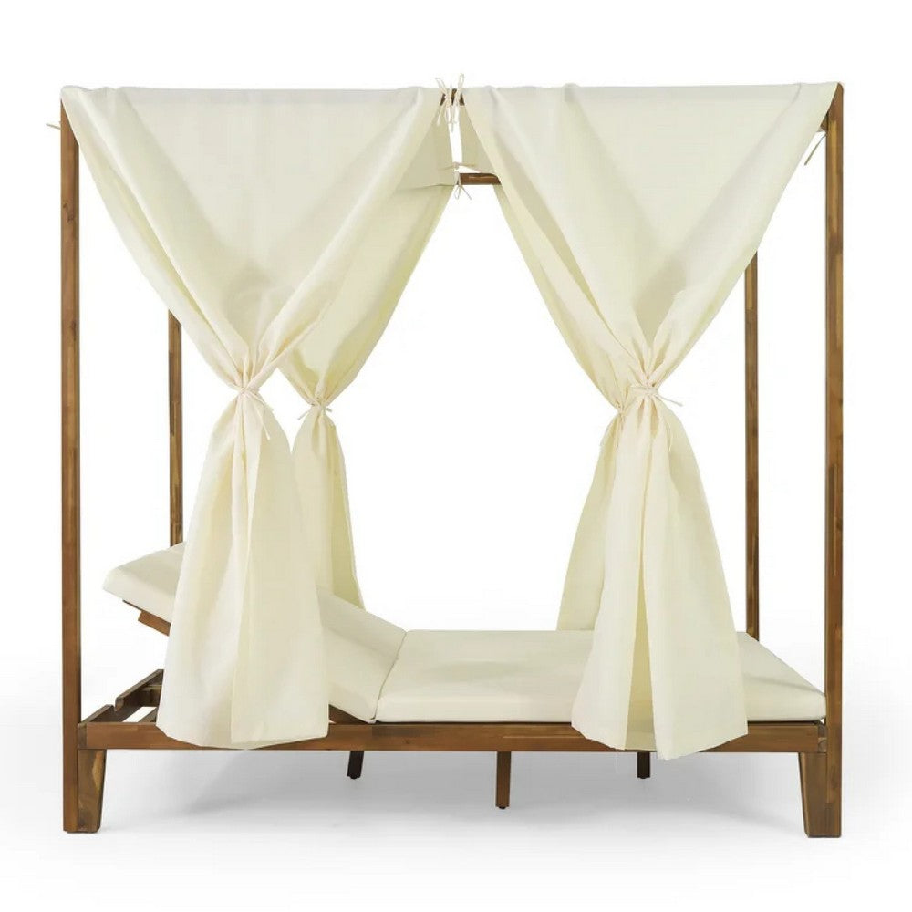Yavi Outdoor Daybed, Brown Wood, Cream Waterproof Fabric, 79 Inch -BM335361