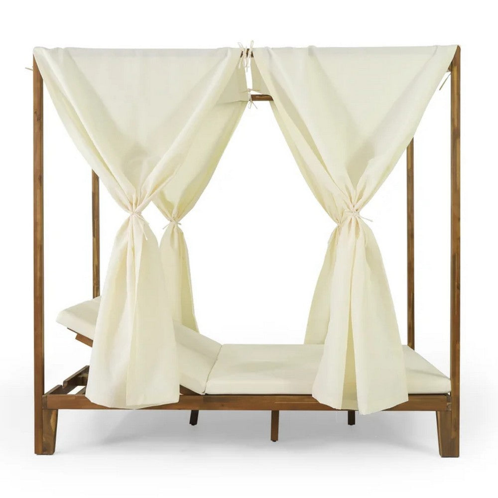 Yavi Outdoor Daybed, Brown Wood, Cream Waterproof Fabric, 79 Inch -BM335361